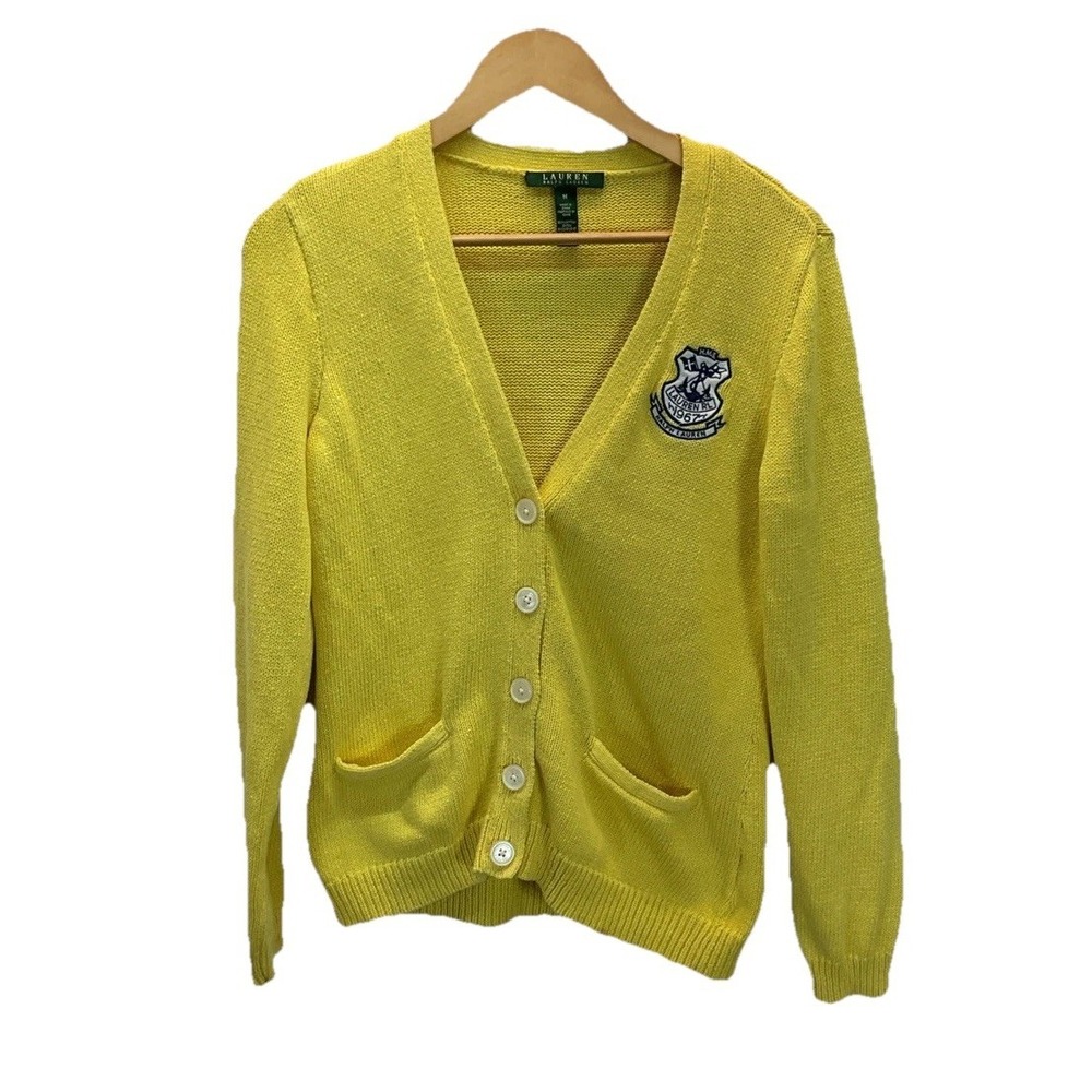 Vintage Lauren Ralph Lauren Women's Yellow ‎ Cardigan Nautical Crest Size M Rare